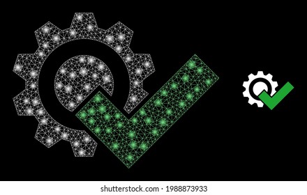 Bright mesh valid gear with lightspots. Vector carcass created from valid gear icon. Constellation carcass mesh valid gear on a black background.