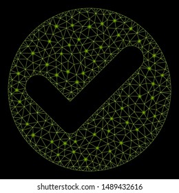 Bright mesh valid with glow effect. Abstract illuminated model of valid icon. Shiny wire carcass polygonal mesh valid. Vector abstraction on a black background.