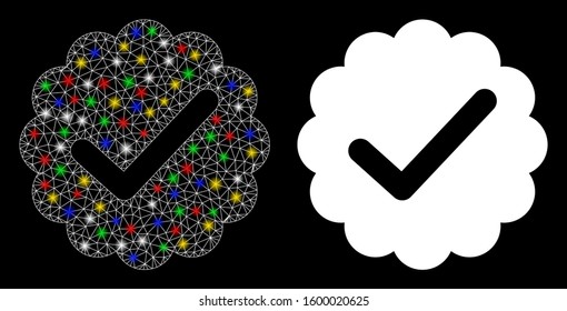 Bright mesh valid icon with sparkle effect. Abstract illuminated model of valid. Shiny wire frame polygonal mesh valid icon. Vector abstraction on a black background.