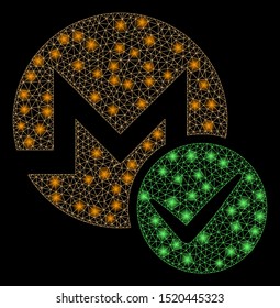 Bright mesh valid Monero with lightspot effect. Abstract illuminated model of valid Monero icon. Shiny wire frame polygonal mesh valid Monero. Vector abstraction on a black background.