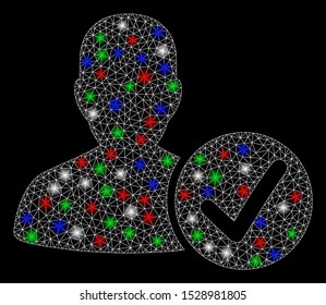 Bright mesh valid patient with lightspot effect. White wire frame triangular mesh in vector format on a black background. Abstract 2d mesh designed with triangular lines, round dots,