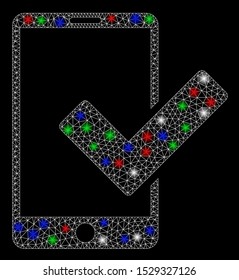 Bright mesh valid smartphone with glow effect. White wire carcass polygonal mesh in vector format on a black background. Abstract 2d mesh designed with triangles, small circle, colored light spots.
