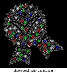 Bright mesh validation seal with lightspot effect. White wire frame polygonal mesh in vector format on a black background. Abstract 2d mesh designed with polygonal grid, dots, colored light spots.