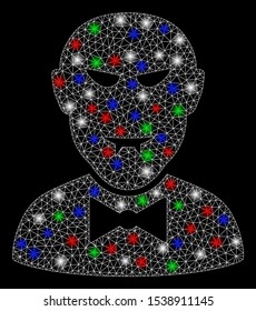 Bright mesh vampire with glare effect. White wire frame triangular network in vector format on a black background. Abstract 2d mesh designed with polygonal grid, spheric points, colored glare spots.