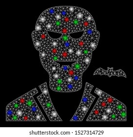 Bright mesh vampire with glow effect. White wire frame triangular mesh in vector format on a black background. Abstract 2d mesh designed with triangular lines, round dots, colorful flash spots.