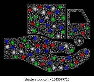 Bright mesh van delivery service hand with glow effect. White wire carcass polygonal mesh in vector format on a black background. Abstract 2d mesh designed with triangular lines, spheric points,