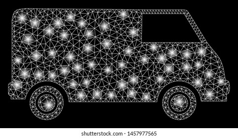 Bright mesh van with lightspot effect. Abstract illuminated model of van icon. Shiny wire frame triangular mesh van. Vector abstraction on a black background.