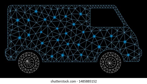 Bright mesh van with sparkle effect. Abstract illuminated model of van icon. Shiny wire carcass triangular mesh van. Vector abstraction on a black background. Abstract 2d mesh designed with triangles,