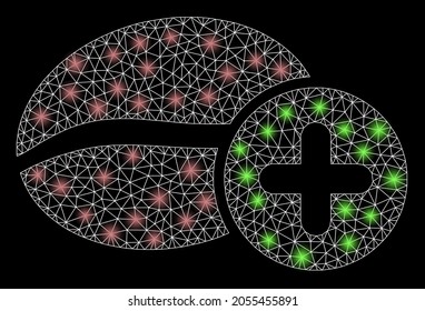Bright mesh vector add coffee with glow effect. White mesh, flash spots on a black background with add coffee icon. Mesh and glowing elements are placed on different layers.