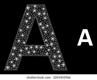 Bright mesh vector Alpha Greek symbol with glare effect. White mesh, bright spots on a black background with Alpha Greek symbol icon. Mesh and glare elements are placed on different layers.