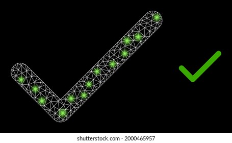 Bright mesh vector apply tick with glare effect. White mesh, glare spots on a black background with apply tick icon. Mesh and glare elements are placed on different layers.