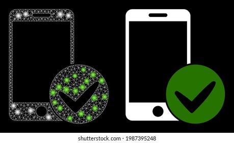 Smartphone aprobado por vector de malla brillante con efecto de resplandor. Malla blanca, puntos brillantes sobre un fondo negro con un icono de smartphone aprobado. Los elementos de malla y resplandor se colocan en diferentes capas.