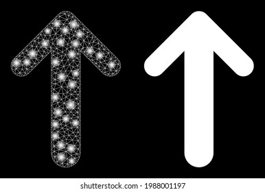 Bright mesh vector arrow up with glare effect. White mesh, glare spots on a black background with arrow up icon. Mesh and glare elements are placed on different layers.