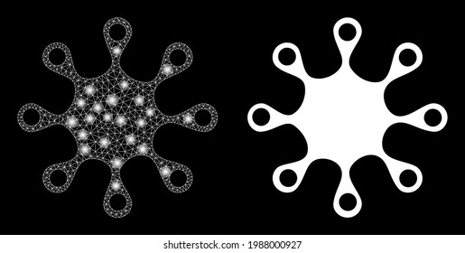 Microbio axénico vector de malla brillante con efecto de resplandor. Malla blanca, manchas brillantes sobre un fondo negro con un ícono de microbio axénico. La malla y los elementos brillantes se colocan en diferentes capas.