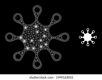 Microbio axénico vector de malla brillante con efecto de resplandor. Malla blanca, manchas flash sobre un fondo negro con un icono de microbio axénico. Los elementos de malla y resplandor se colocan en diferentes capas.