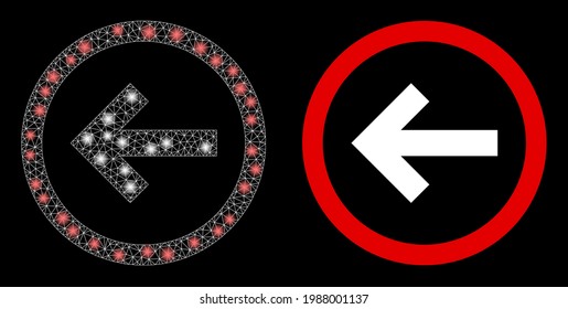 Bright mesh vector back direction with glow effect. White mesh, bright spots on a black background with back direction icon. Mesh and glowing elements are placed on different layers.