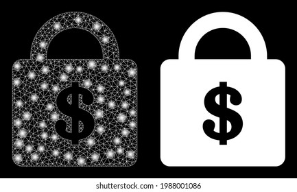 Bright mesh vector bank lock with glow effect. White mesh, bright spots on a black background with bank lock icon. Mesh and glowing elements are placed on different layers.