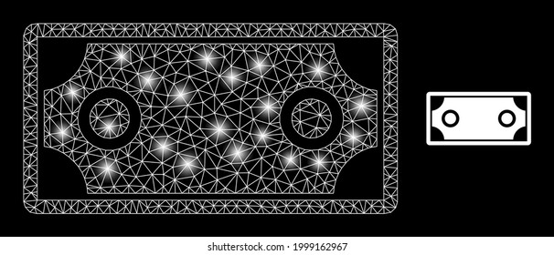 Bright mesh vector banknote template with glare effect. White mesh, flash spots on a black background with banknote template icon. Mesh and glare elements are placed on different layers.