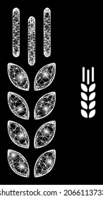 Bright mesh vector barley ear with glow effect. White mesh, bright spots on a black background with barley ear icon. Mesh and lightspot elements are placed on different layers.