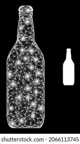 Bright mesh vector beer bottle with glare effect. White mesh, bright spots on a black background with beer bottle icon. Mesh and glare elements are placed on different layers.