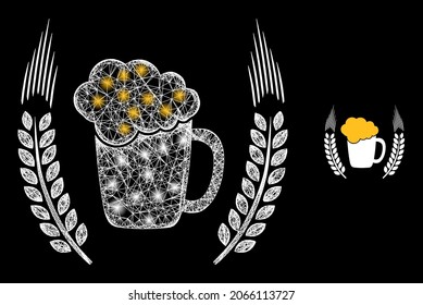 Bright mesh vector beer mug logo with glow effect. White mesh, glare spots on a black background with beer mug logo icon. Mesh and glare elements are placed on different layers.