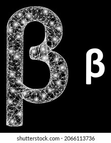 Bright mesh vector Beta Greek lowercase symbol with glare effect. White mesh, flash spots on a black background with Beta Greek lowercase symbol icon.