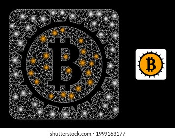 Bright mesh vector bitcoin box with glow effect. White mesh, bright spots on a black background with bitcoin box icon. Mesh and lightspot elements are placed on different layers.