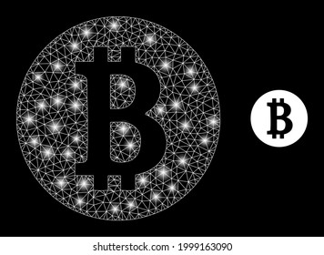 Bright mesh vector bitcoin coin with glare effect. White mesh, bright spots on a black background with bitcoin coin icon. Mesh and glowing elements are placed on different layers.