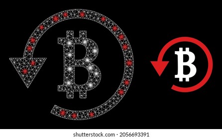Bright mesh vector bitcoin refund with glare effect. White mesh, glare spots on a black background with bitcoin refund icon. Mesh and glare elements are placed on different layers.