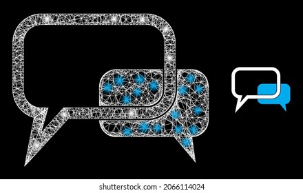 Mensajes de blog vectoriales de malla brillante con efecto de resplandor. Malla blanca, manchas brillantes en un fondo negro con un icono de mensajes de blog. Los elementos de malla y resplandor se colocan en diferentes capas.