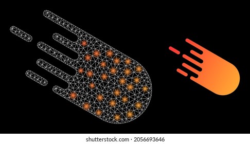Bright mesh vector bolide with glare effect. White mesh, glare spots on a black background with bolide icon. Mesh and glare elements are placed on different layers.