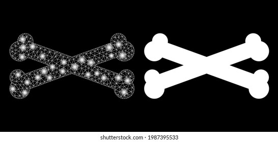 Bright mesh vector bones with glow effect. White mesh, bright spots on a black background with bones icon. Mesh and glare elements are placed on different layers.