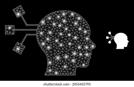 Bright mesh vector brain connection with glow effect. White mesh, bright spots on a black background with brain connection icon. Mesh and glowing elements are placed on different layers.