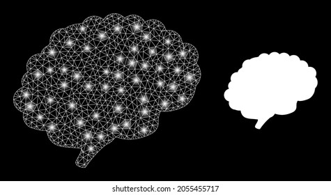 Bright mesh vector brain organ with glare effect. White mesh, bright spots on a black background with brain organ icon. Mesh and glare elements are placed on different layers.