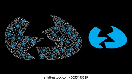 Bright mesh vector broken egg shell with glow effect. White mesh, bright spots on a black background with broken egg shell icon. Mesh and glare elements are placed on different layers.