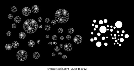 Bright mesh vector bubble cluster with glare effect. White mesh, bright spots on a black background with bubble cluster icon. Mesh and lightspot elements are placed on different layers.