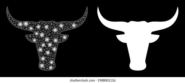 Bright mesh vector bull head with glare effect. White mesh, glare spots on a black background with bull head icon. Mesh and glare elements are placed on different layers.