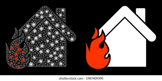 Bright mesh vector burning home with glare effect. White mesh, bright spots on a black background with burning home icon. Mesh and lightspot elements are placed on different layers.