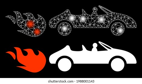 Bright mesh vector cabriolet rush with glow effect. White mesh, glare spots on a black background with cabriolet rush icon. Mesh and glare elements are placed on different layers.