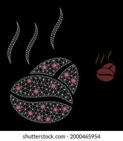 Bright mesh vector cacao aroma with glow effect. White mesh, bright spots on a black background with cacao aroma icon. Mesh and glare elements are placed on different layers.