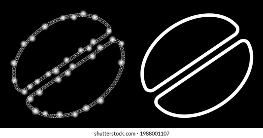 Bright mesh vector cacao bean with glow effect. White mesh, bright spots on a black background with cacao bean icon. Mesh and glare elements are placed on different layers.