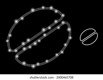 Bright mesh vector cacao bean with glare effect. White mesh, bright spots on a black background with cacao bean icon. Mesh and glare elements are placed on different layers.