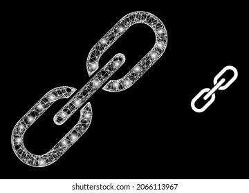 Bright mesh vector chain with glare effect. White mesh, glare spots on a black background with chain icon. Mesh and lightspot elements are placed on different layers.