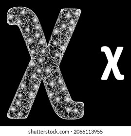 Bright mesh vector Chi Greek lowercase symbol with glow effect. White mesh, glare spots on a black background with Chi Greek lowercase symbol icon.