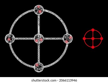 Bright mesh vector circle grid nodes with glare effect. White mesh, bright spots on a black background with circle grid nodes icon. Mesh and glare elements are placed on different layers.