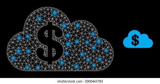 Bright mesh vector cloud banking with glow effect. White mesh, bright spots on a black background with cloud banking icon. Mesh and glare elements are placed on different layers.