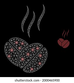 Bright mesh vector coffee aroma with glare effect. White mesh, bright spots on a black background with coffee aroma icon. Mesh and glare elements are placed on different layers.