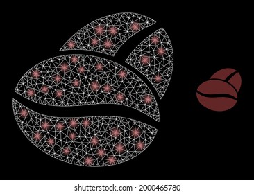 Bright mesh vector coffee bean with glare effect. White mesh, bright spots on a black background with coffee bean icon. Mesh and glare elements are placed on different layers.