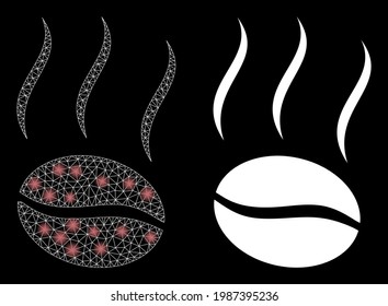 Bright mesh vector coffee vapor with glare effect. White mesh, flash spots on a black background with coffee vapor icon. Mesh and glare elements are placed on different layers.