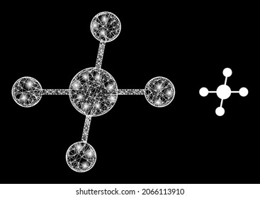 Bright mesh vector connections with glow effect. White mesh, bright spots on a black background with connections icon. Mesh and glowing elements are placed on different layers.